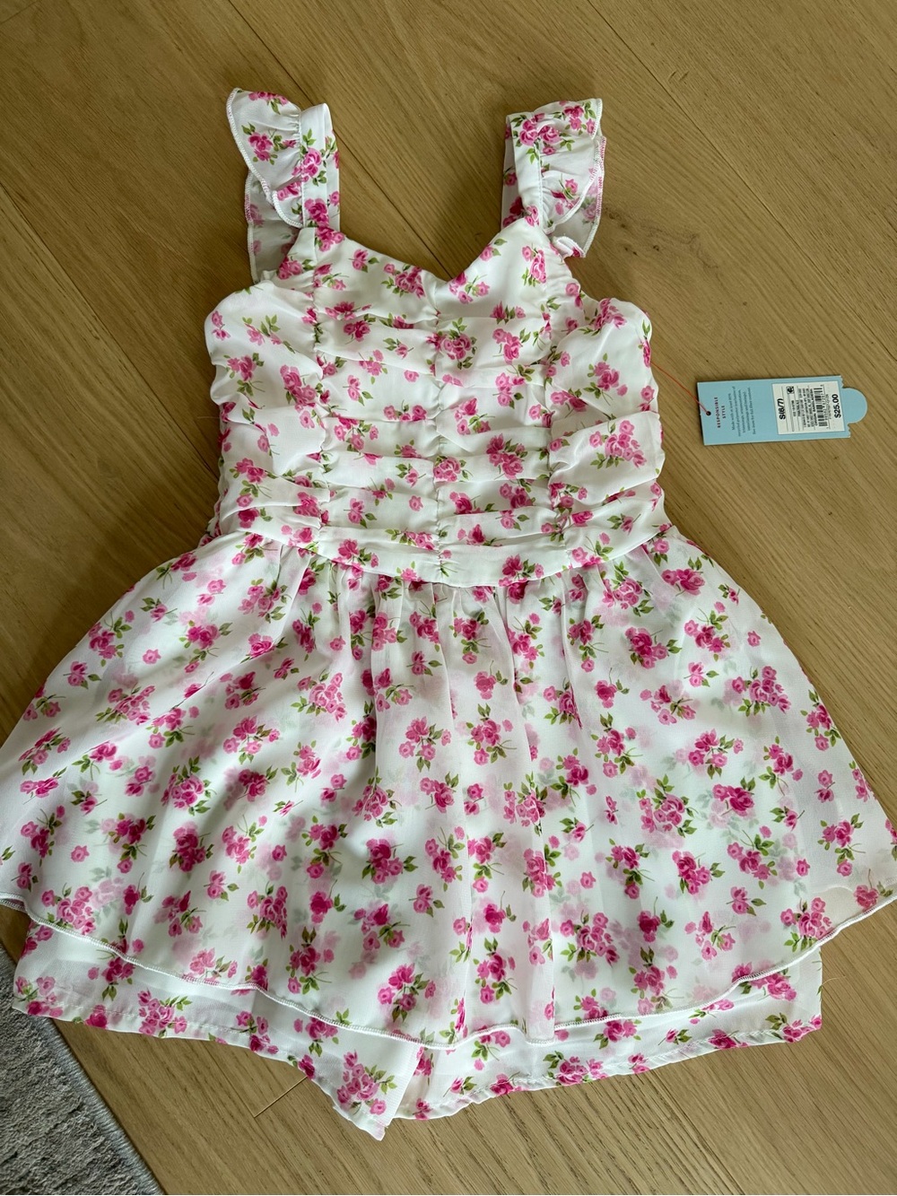 Girls White Floral Ruffle Romper with Pink Rose Print